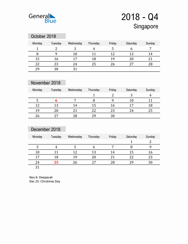 Singapore Quarter 4 2018 Calendar with Holidays