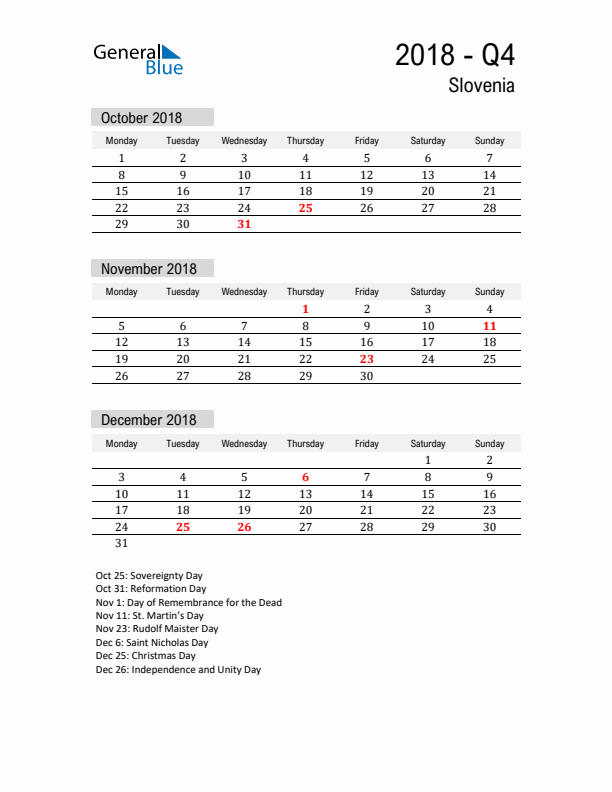 Slovenia Quarter 4 2018 Calendar with Holidays