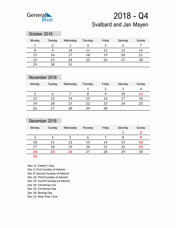 Svalbard and Jan Mayen Quarter 4 2018 Calendar with Holidays