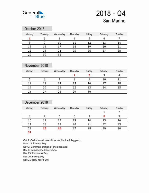 San Marino Quarter 4 2018 Calendar with Holidays