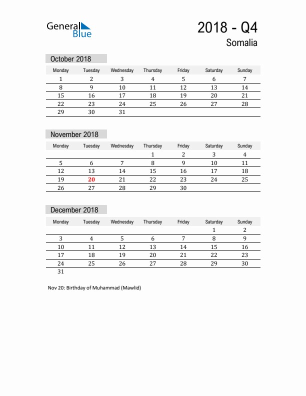 Somalia Quarter 4 2018 Calendar with Holidays