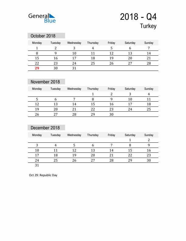 Turkey Quarter 4 2018 Calendar with Holidays