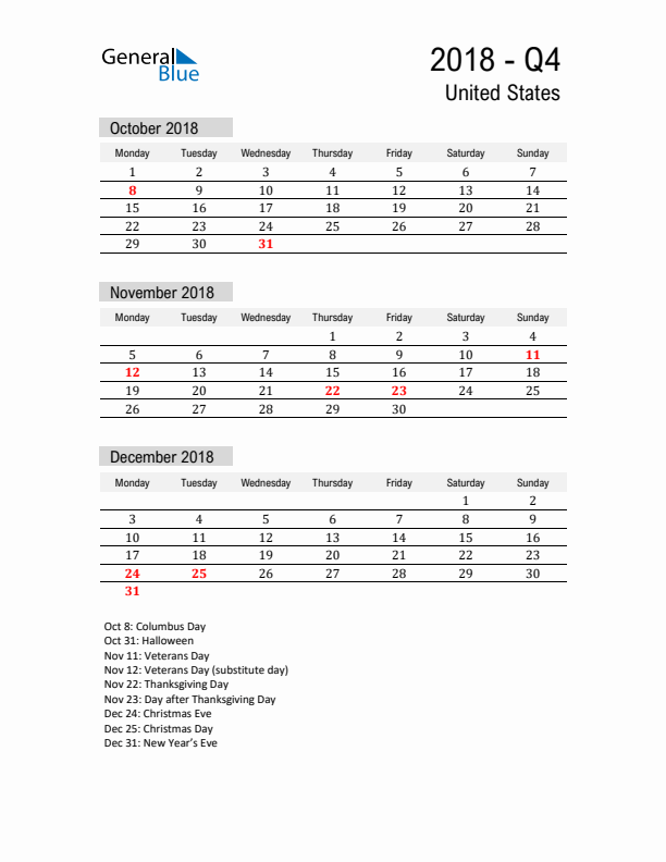 United States Quarter 4 2018 Calendar with Holidays