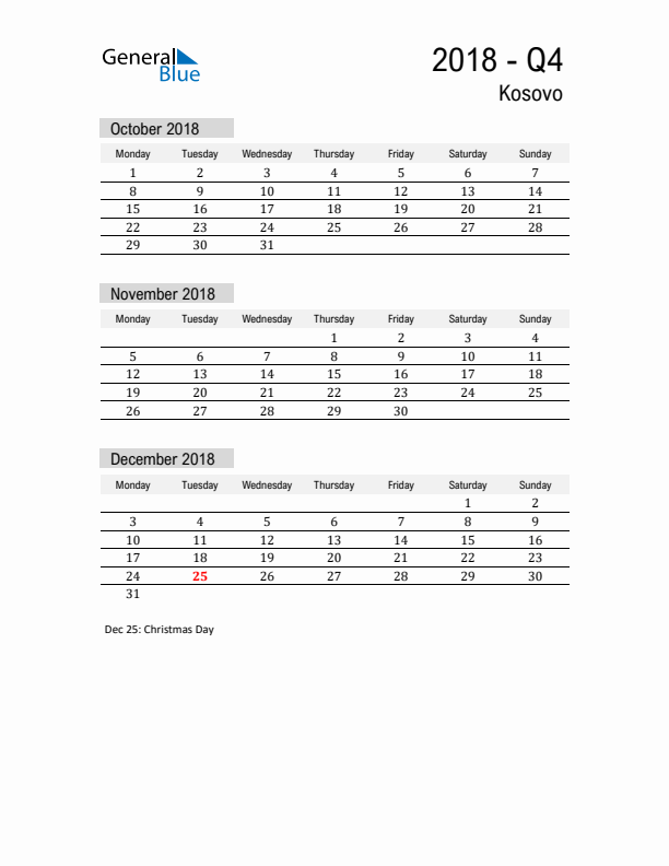 Kosovo Quarter 4 2018 Calendar with Holidays