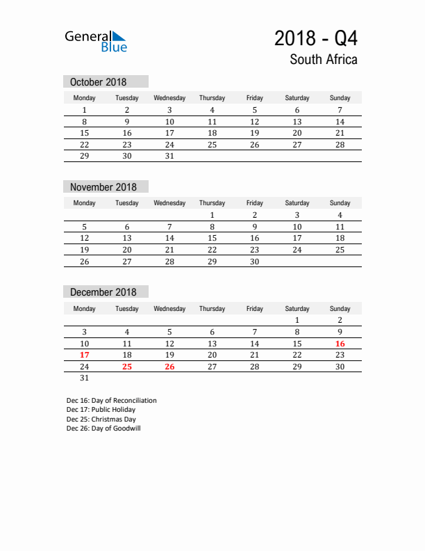 South Africa Quarter 4 2018 Calendar with Holidays