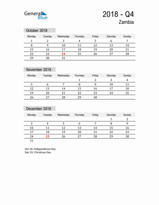 Zambia Quarter 4 2018 Calendar with Holidays