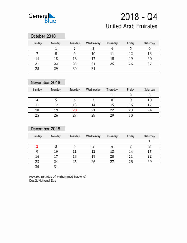 United Arab Emirates Quarter 4 2018 Calendar with Holidays