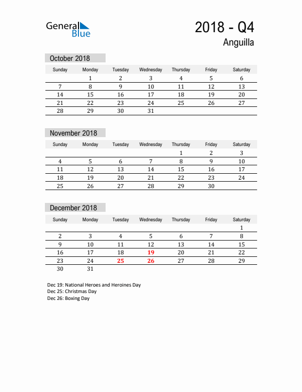 Anguilla Quarter 4 2018 Calendar with Holidays