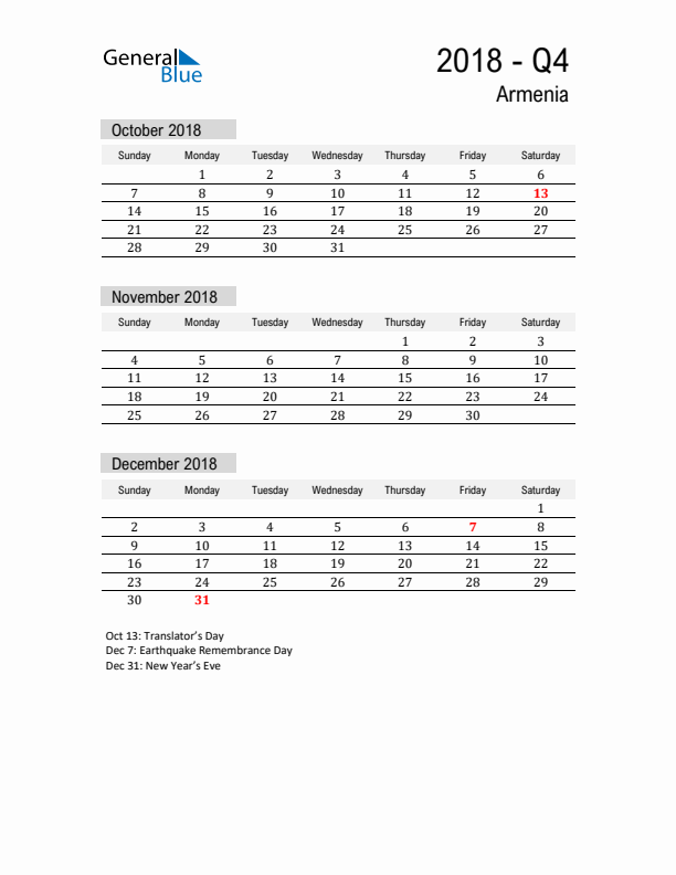 Armenia Quarter 4 2018 Calendar with Holidays