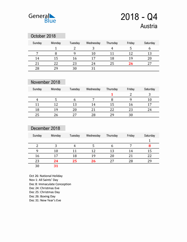 Austria Quarter 4 2018 Calendar with Holidays