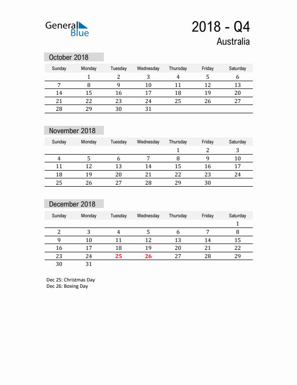 Australia Quarter 4 2018 Calendar with Holidays