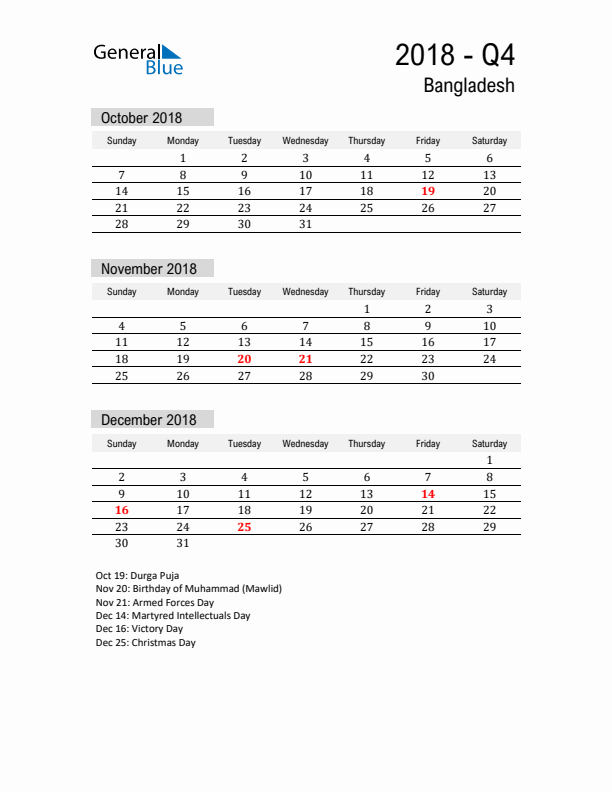 Bangladesh Quarter 4 2018 Calendar with Holidays