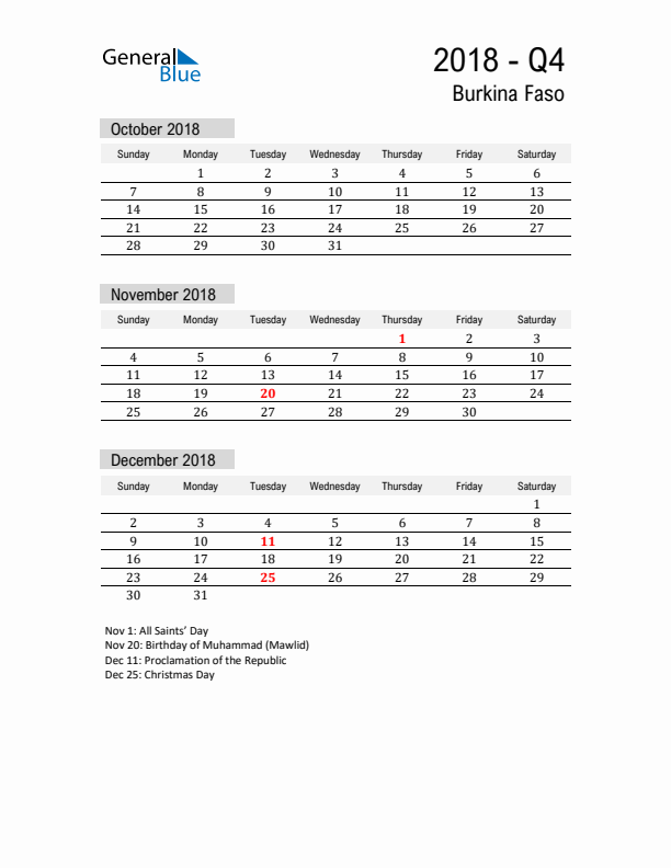 Burkina Faso Quarter 4 2018 Calendar with Holidays