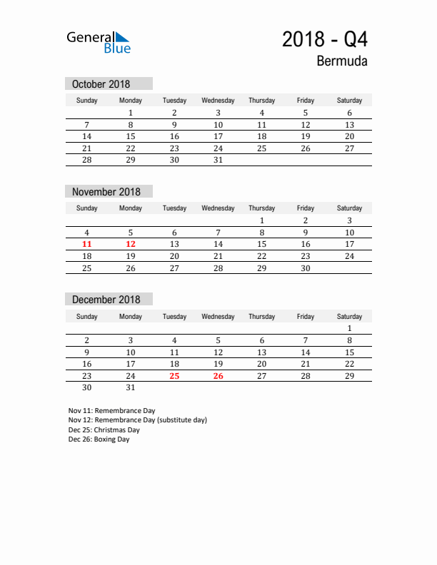 Bermuda Quarter 4 2018 Calendar with Holidays