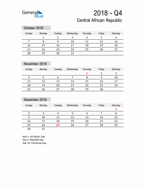 Central African Republic Quarter 4 2018 Calendar with Holidays