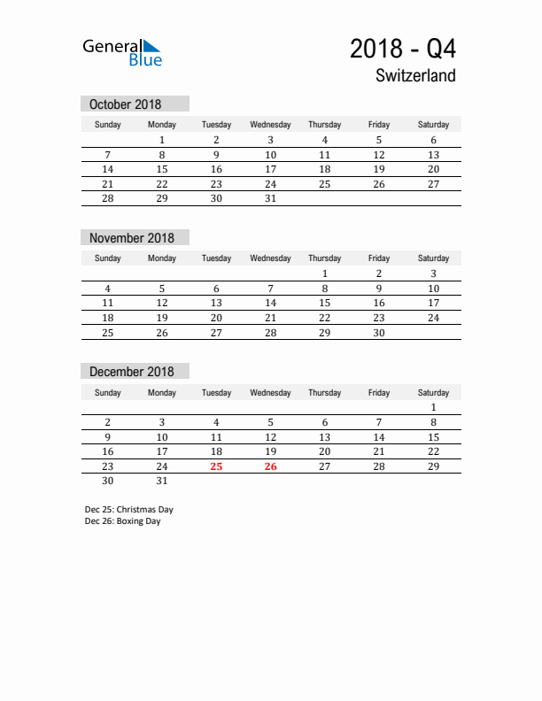 Switzerland Quarter 4 2018 Calendar with Holidays