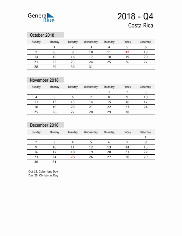 Costa Rica Quarter 4 2018 Calendar with Holidays