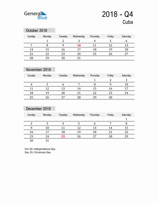 Cuba Quarter 4 2018 Calendar with Holidays