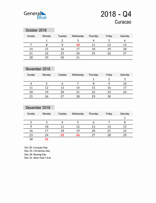 Curacao Quarter 4 2018 Calendar with Holidays