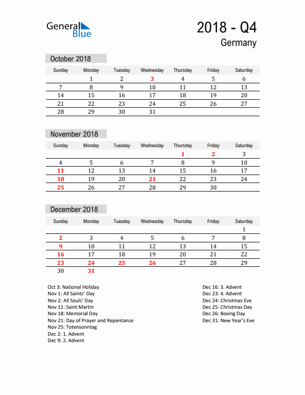 Germany Quarter 4 2018 Calendar with Holidays