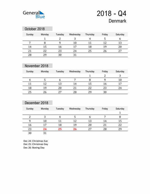 Denmark Quarter 4 2018 Calendar with Holidays