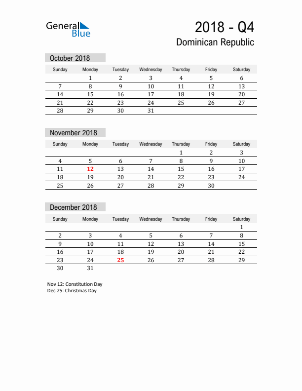 Dominican Republic Quarter 4 2018 Calendar with Holidays