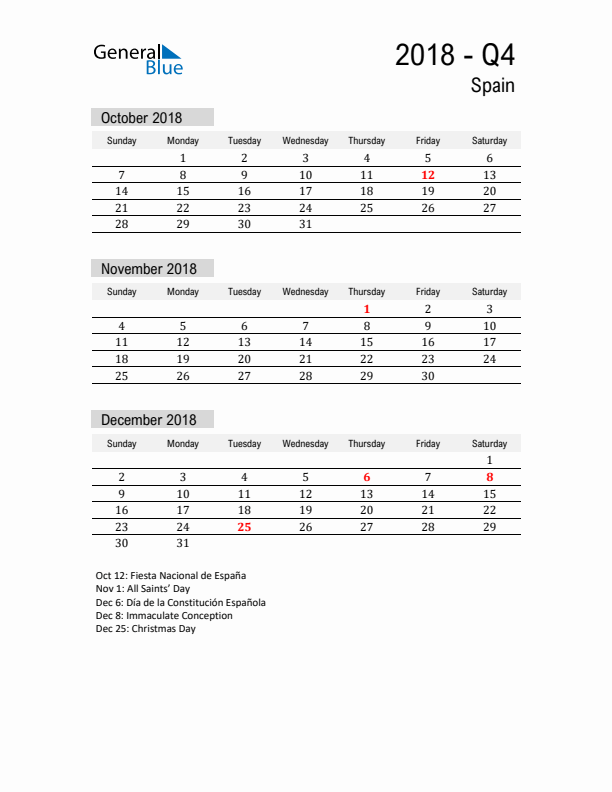 Spain Quarter 4 2018 Calendar with Holidays