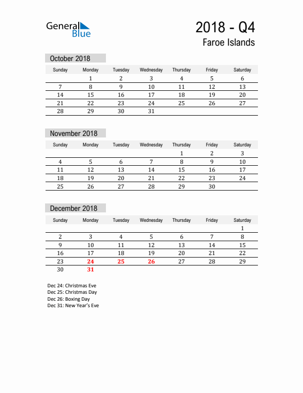 Faroe Islands Quarter 4 2018 Calendar with Holidays