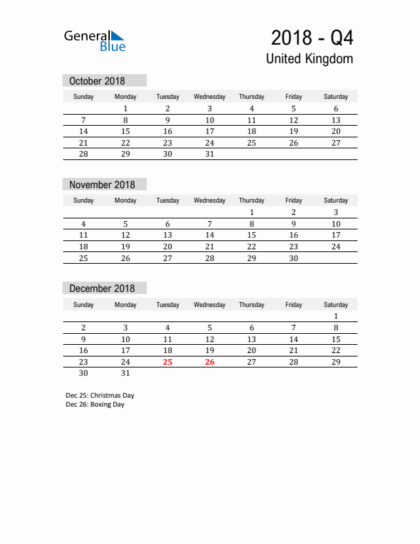 United Kingdom Quarter 4 2018 Calendar with Holidays