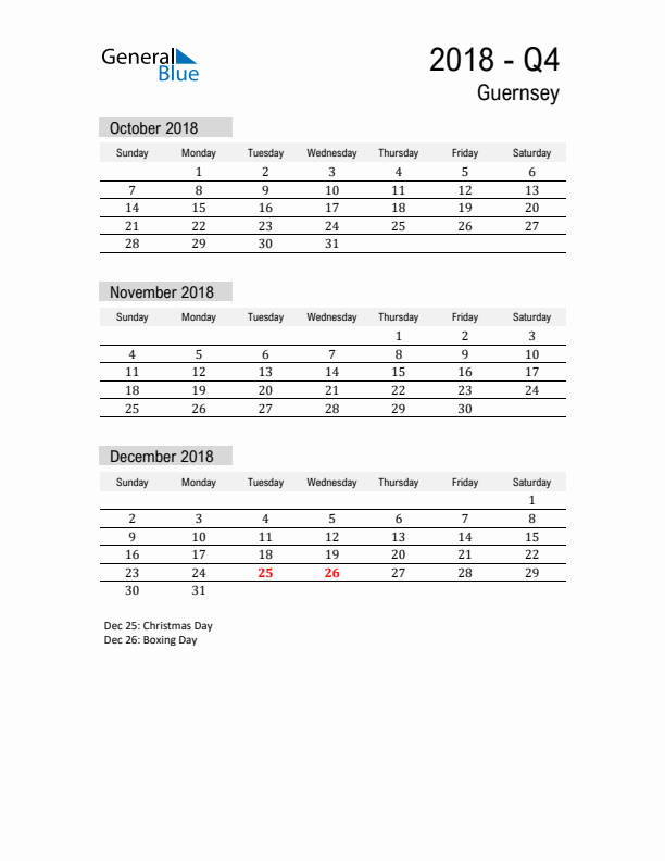 Guernsey Quarter 4 2018 Calendar with Holidays