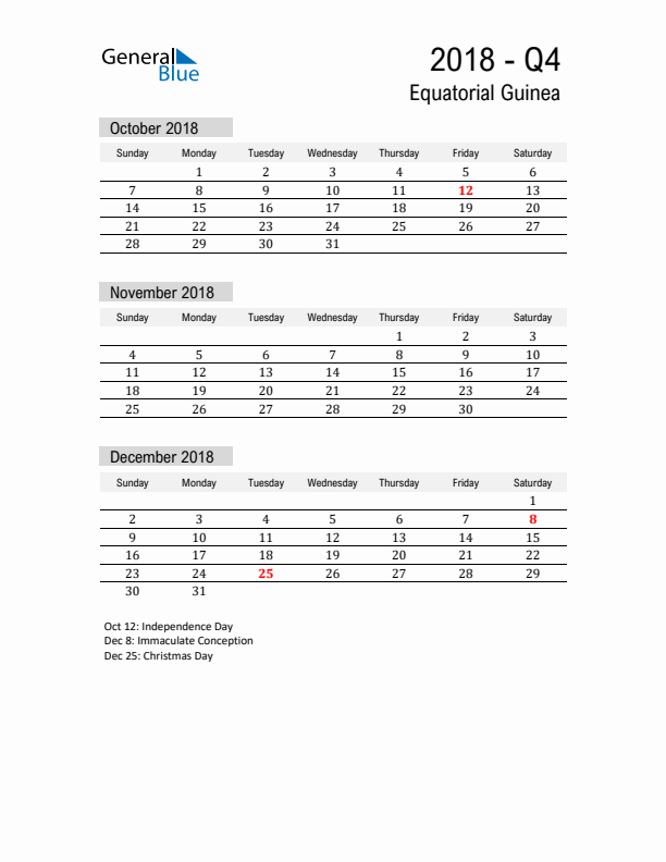 Equatorial Guinea Quarter 4 2018 Calendar with Holidays