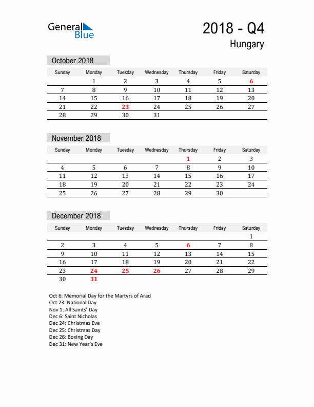 Hungary Quarter 4 2018 Calendar with Holidays