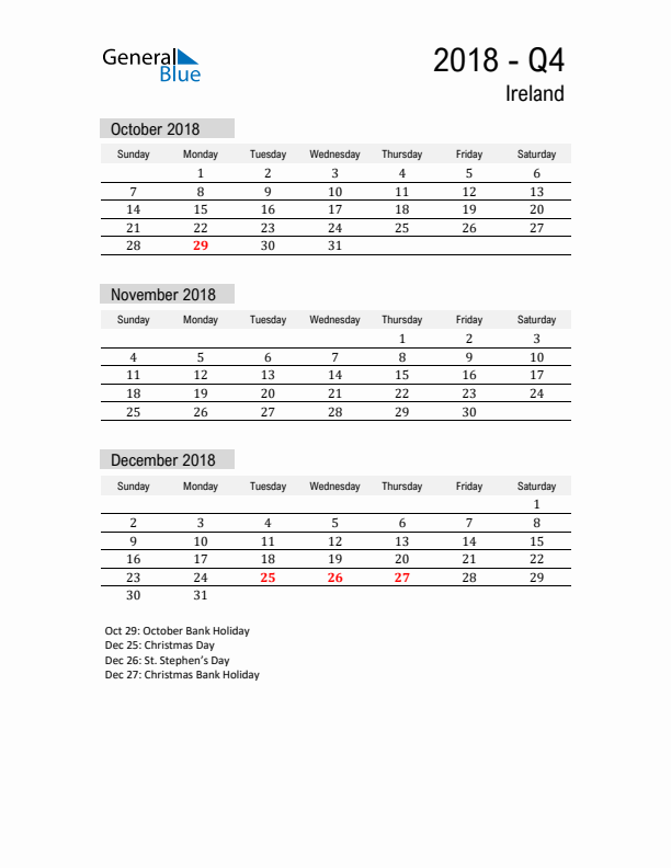 Ireland Quarter 4 2018 Calendar with Holidays