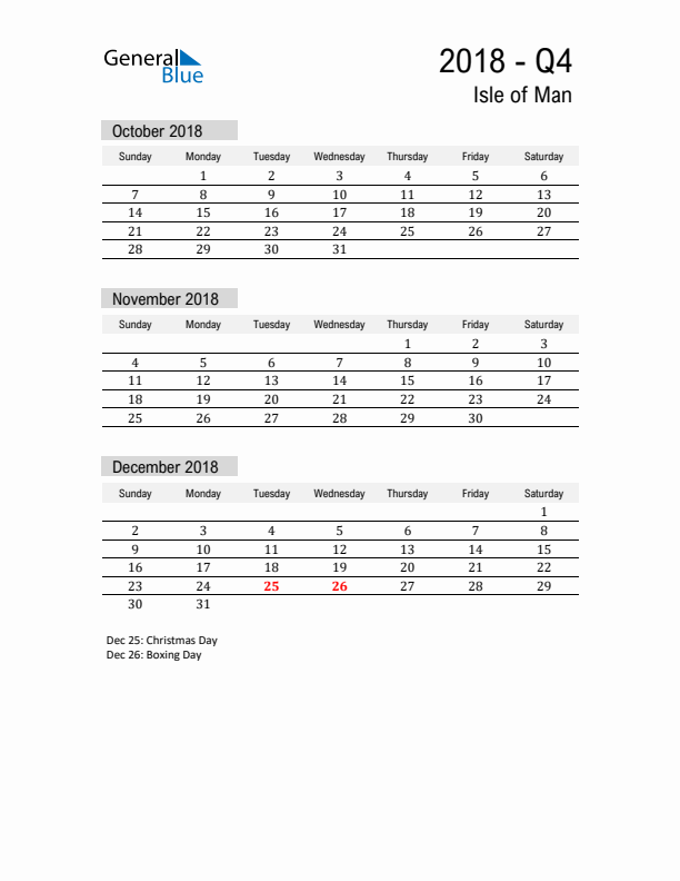 Isle of Man Quarter 4 2018 Calendar with Holidays