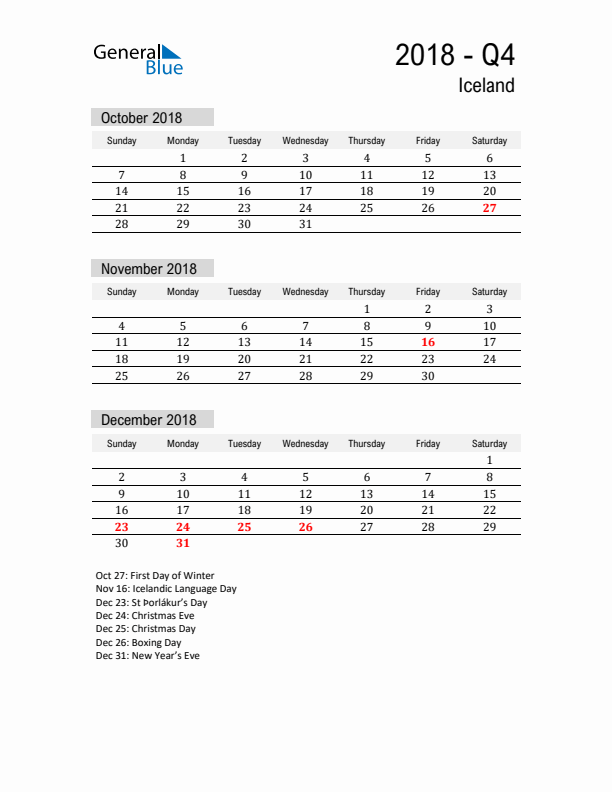 Iceland Quarter 4 2018 Calendar with Holidays