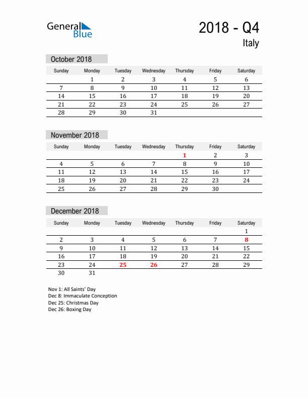 Italy Quarter 4 2018 Calendar with Holidays