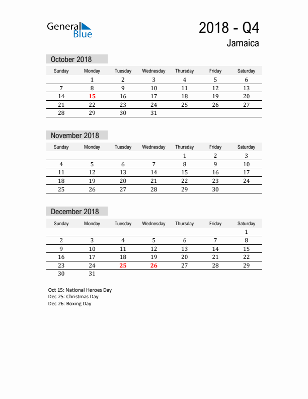 Jamaica Quarter 4 2018 Calendar with Holidays