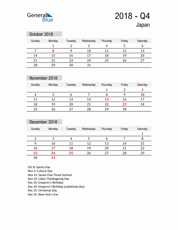 Japan Quarter 4 2018 Calendar with Holidays