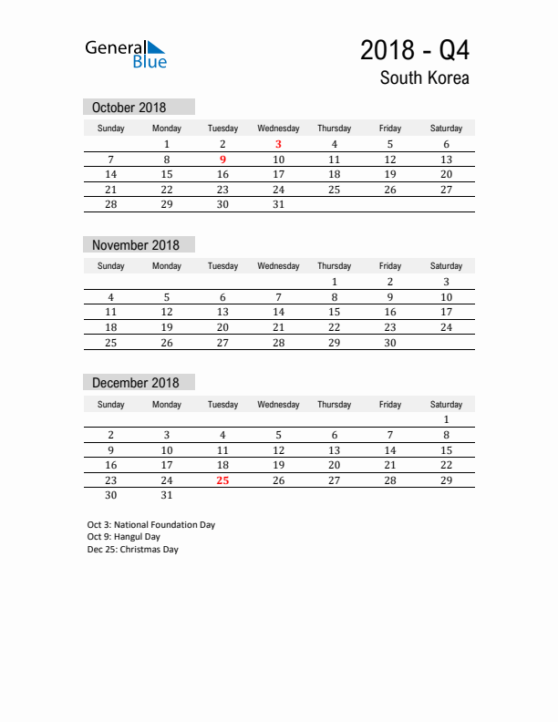 South Korea Quarter 4 2018 Calendar with Holidays