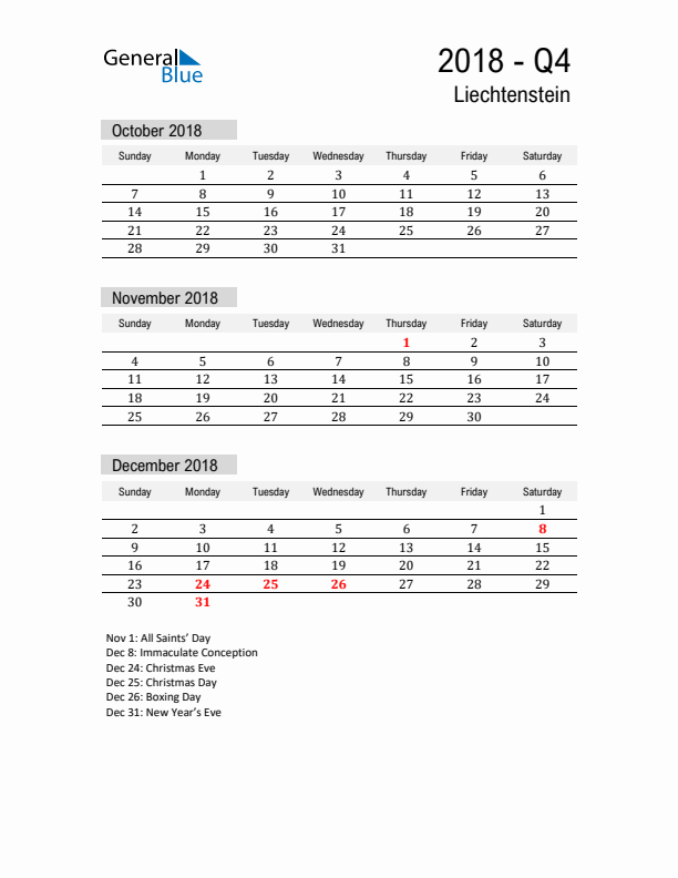 Liechtenstein Quarter 4 2018 Calendar with Holidays