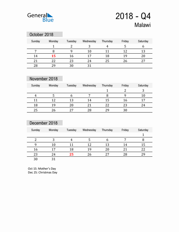 Malawi Quarter 4 2018 Calendar with Holidays