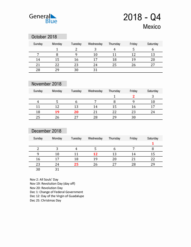 Mexico Quarter 4 2018 Calendar with Holidays