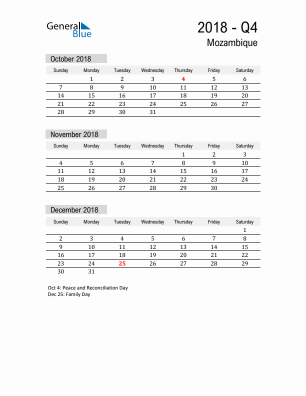 Mozambique Quarter 4 2018 Calendar with Holidays