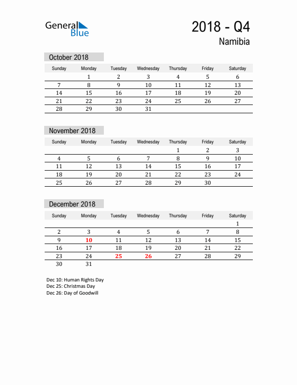 Namibia Quarter 4 2018 Calendar with Holidays