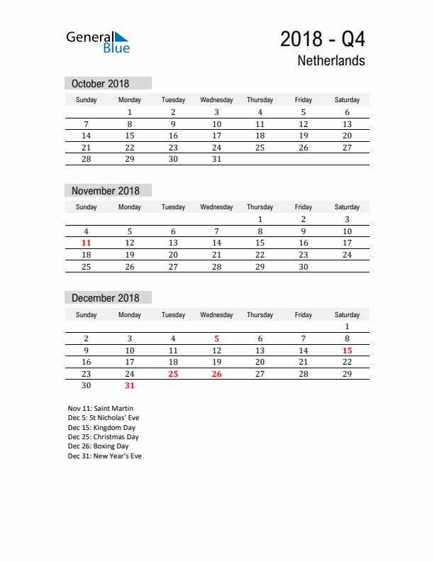 The Netherlands Quarter 4 2018 Calendar with Holidays