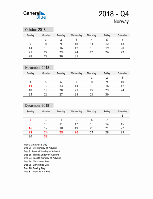 Norway Quarter 4 2018 Calendar with Holidays