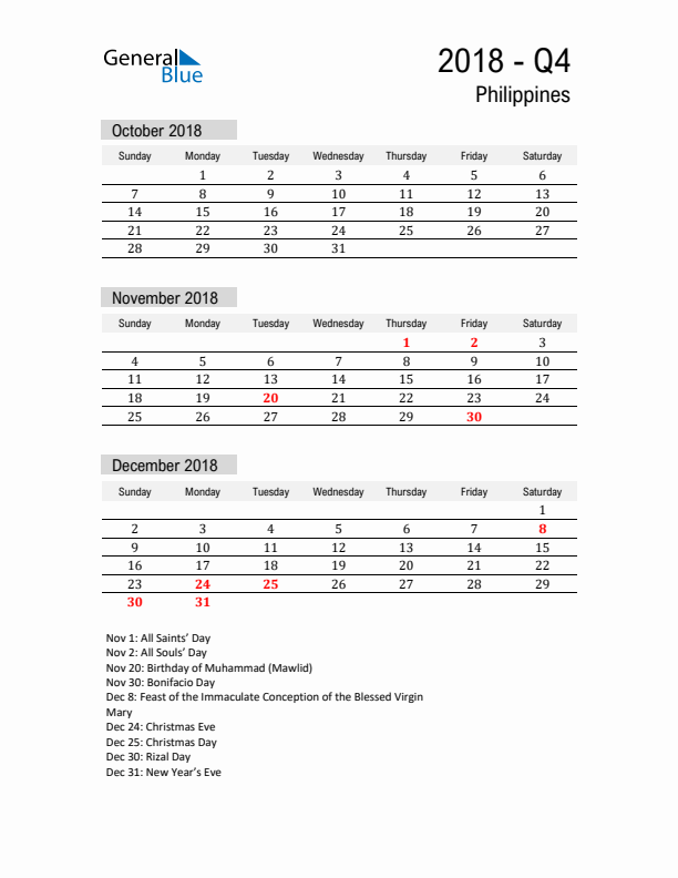 Philippines Quarter 4 2018 Calendar with Holidays