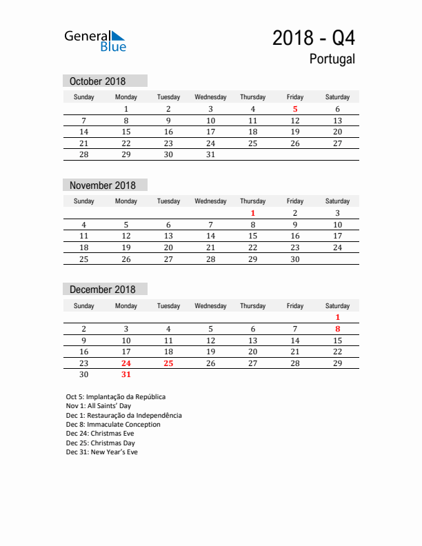 Portugal Quarter 4 2018 Calendar with Holidays