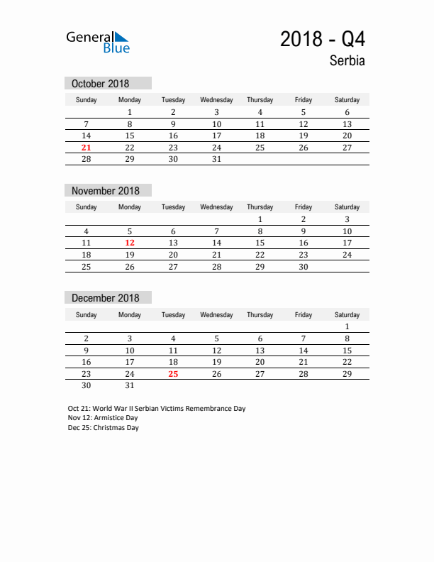 Serbia Quarter 4 2018 Calendar with Holidays