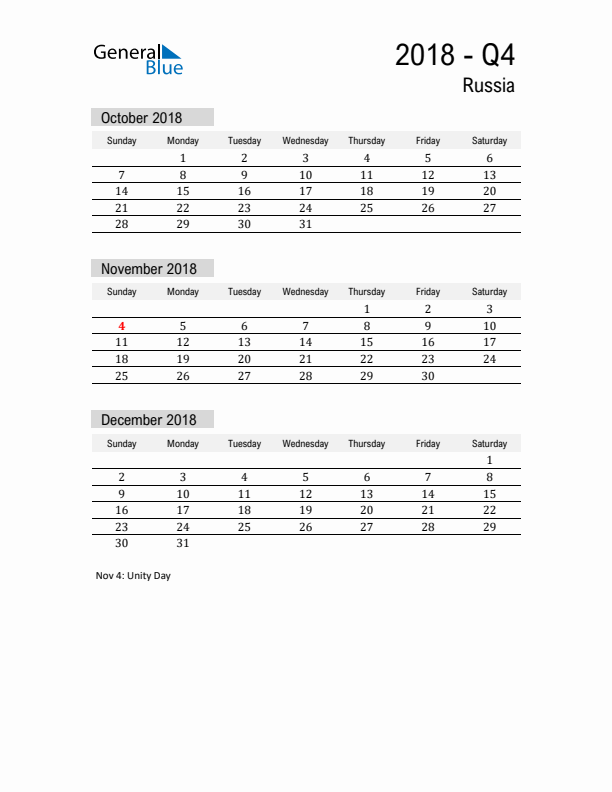 Russia Quarter 4 2018 Calendar with Holidays